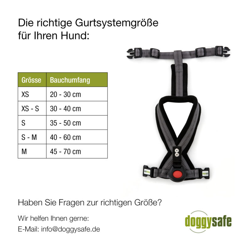 DoggySafe - Hunde Autositz - Groessentabelle - Sicherheitsgurt